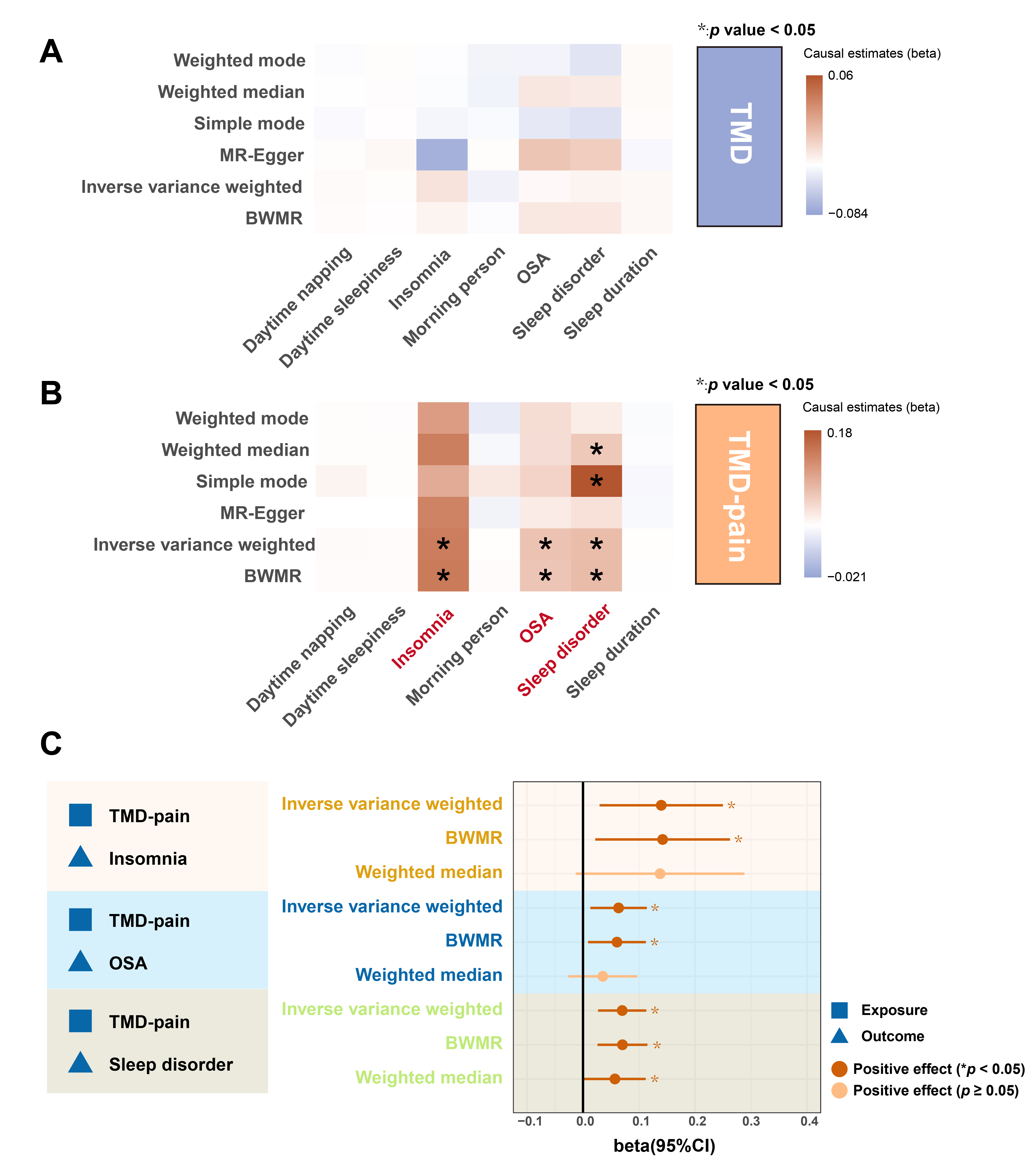 Causal effects of TMD and TMD-pain on sleep behaviors. (A) Heatmap illustrating the causal effect of TMD on sleep characteristics. (B) Heatmap 
illustrating the causal effect of TMD-pain on sleep characteristics. Heatmap 
illustrating the causal effects of genetically predicted sleep behaviors on 
TMD-pain across different MR methods. Sleep behaviors that showed significant 
associations with TMD or TMD-pain (IVW p < 0.05) are labeled in red. 
(C) Forest plot of MR estimates (IVW p < 0.05) for the causal effect 
of TMD and TMD-pain on sleep characteristics. MR: Mendelian randomization; BWMR: 
Bayesian Weighted Mendelian Randomization; OSA: obstructive sleep apnea; TMD: 
Temporomandibular disorder; TMD-pain: TMD related pain.