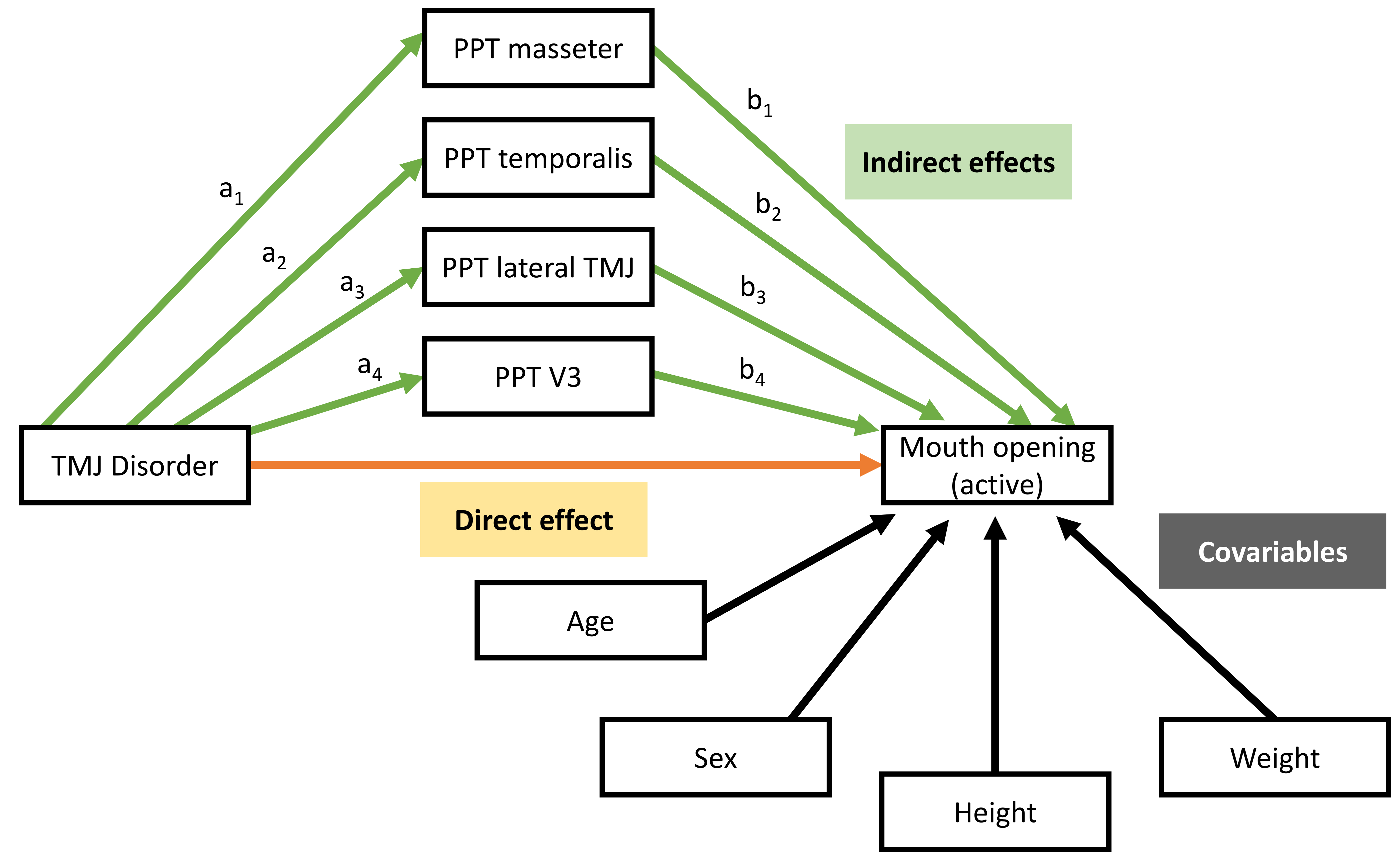 Conceptual graph for multiple parallel mediation model. This
figure presents the assumed causal associations between temporomandibular joint
disorder, mediators and confounding factors and the outcome active mouth opening
range of motion. Abbreviations: TMJ: temporomandibular joint; PPT: pressure pain
threshold.