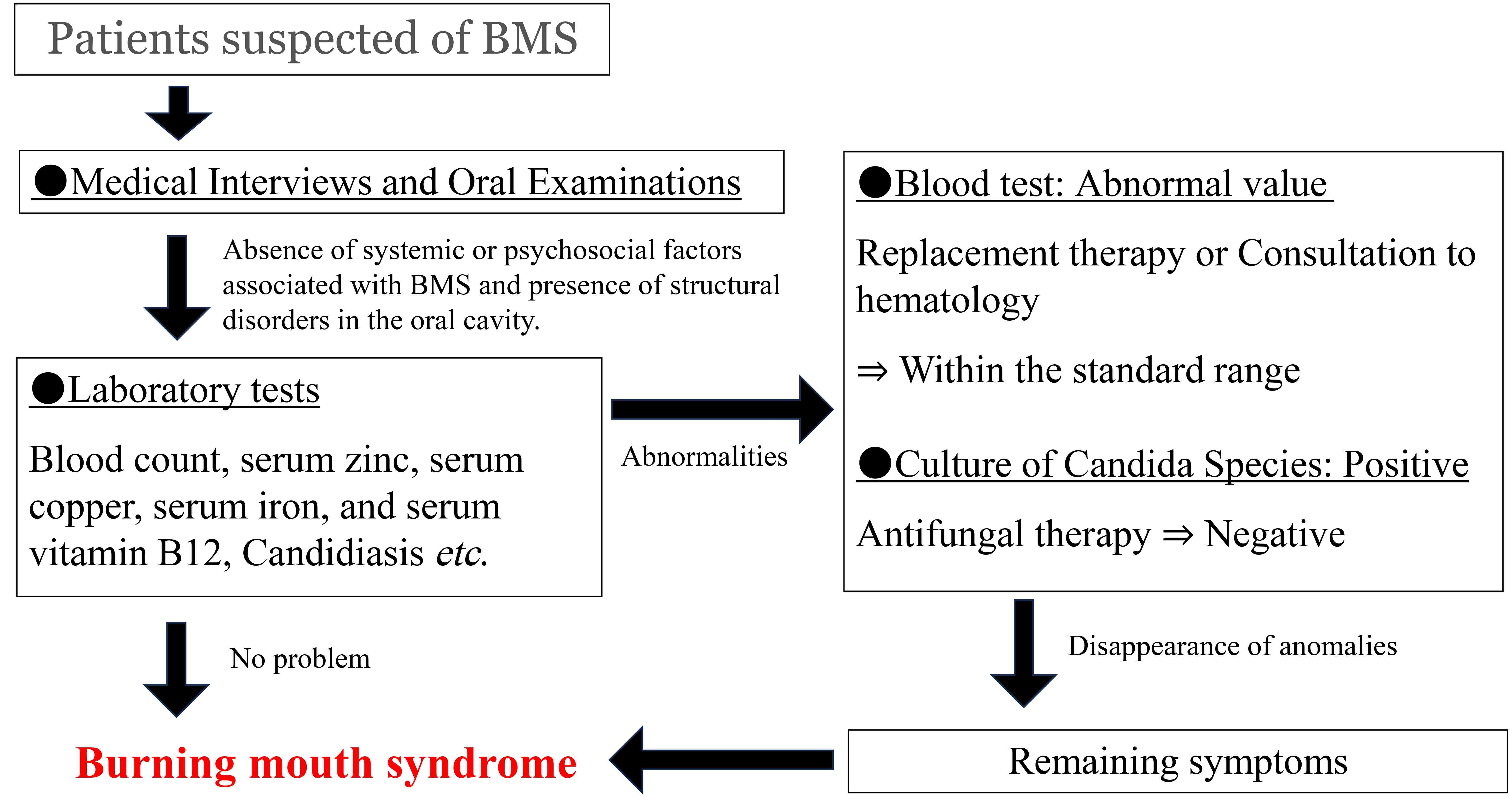 Diagnostic protocol for burning mouth syndrome at the department
of oral diagnosis and medicine, Hokkaido University. BMS: Burning mouth
syndrome.