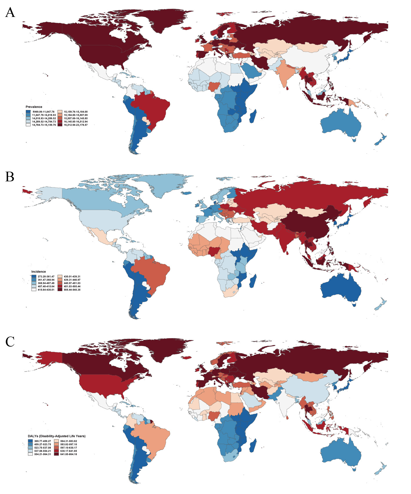 Age-standardized rates of migraine among postmenopausal women 
across 204 countries and territories worldwide in 2021. (A) ASPR. (B) ASIR. (C) 
ASDR. ASPR: age-standardized prevalence rate; ASIR: age-standardized incidence 
rate; ASDR: age-standardized disability-adjusted life years rate.